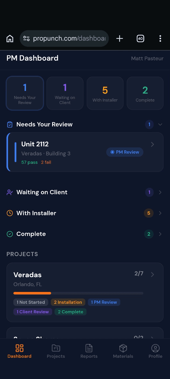 ProPunch PM Dashboard showing real-time project status