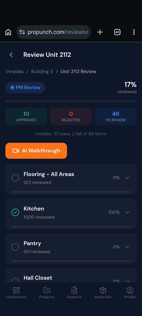 ProPunch unit review showing completion status by area